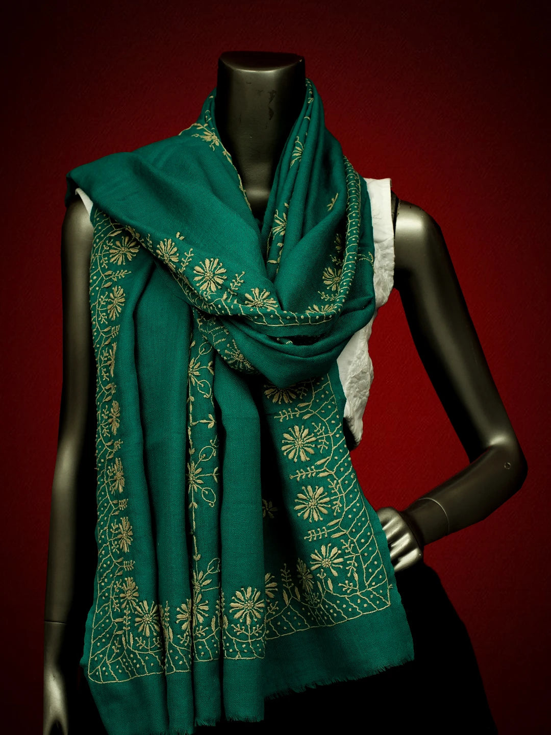 Ada Hand Embroidered Rama Green Pashmina Lucknowi Chikankari Chaar Taar Shawl 01A715874