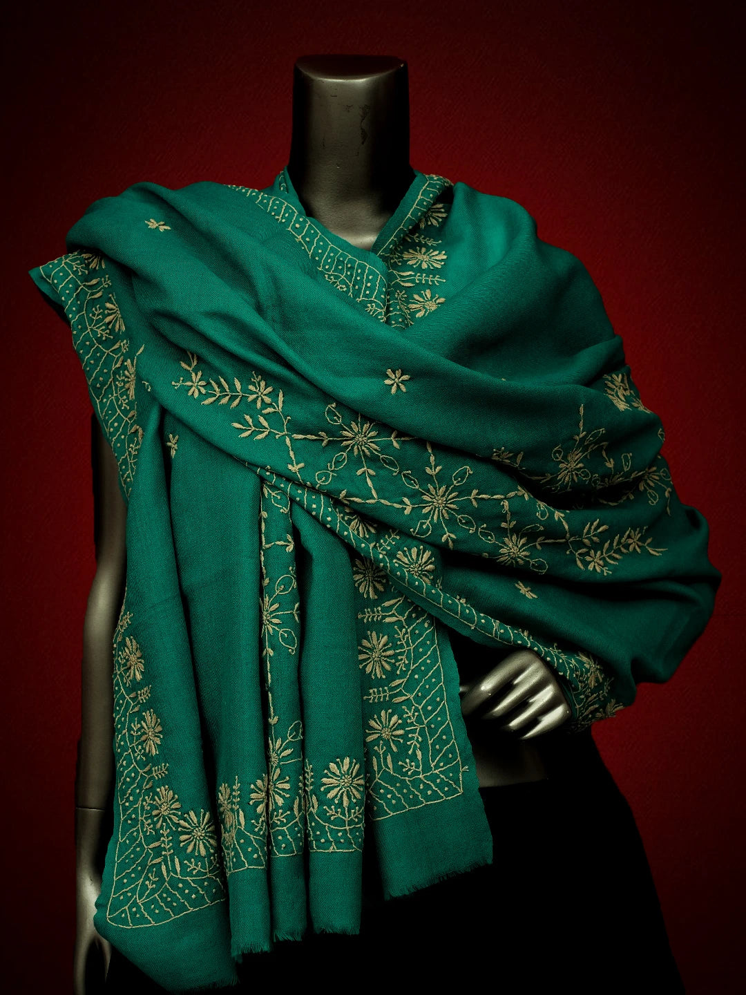 Ada Hand Embroidered Rama Green Pashmina Lucknowi Chikankari Chaar Taar Shawl 01A715874