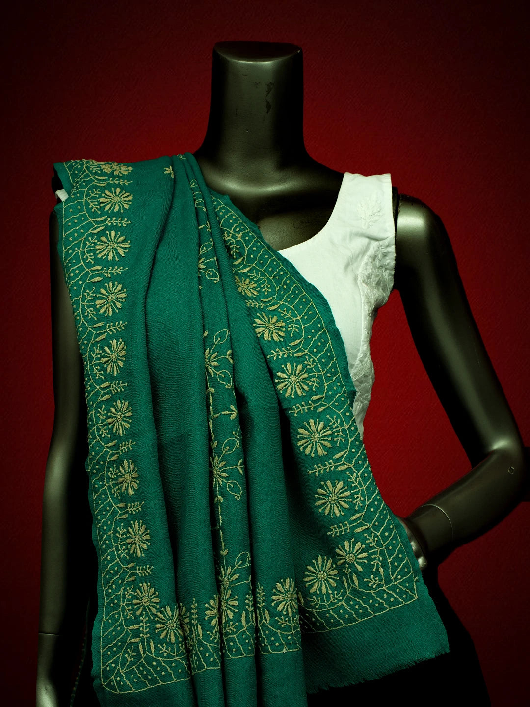 Ada Hand Embroidered Rama Green Pashmina Lucknowi Chikankari Chaar Taar Shawl 01A715874