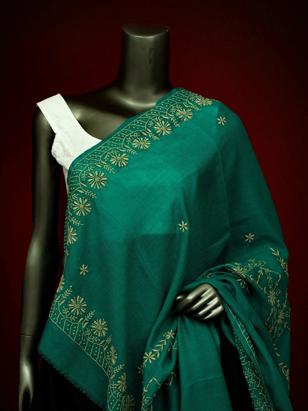Ada Hand Embroidered Rama Green Pashmina Lucknowi Chikankari Chaar Taar Shawl 01A715874