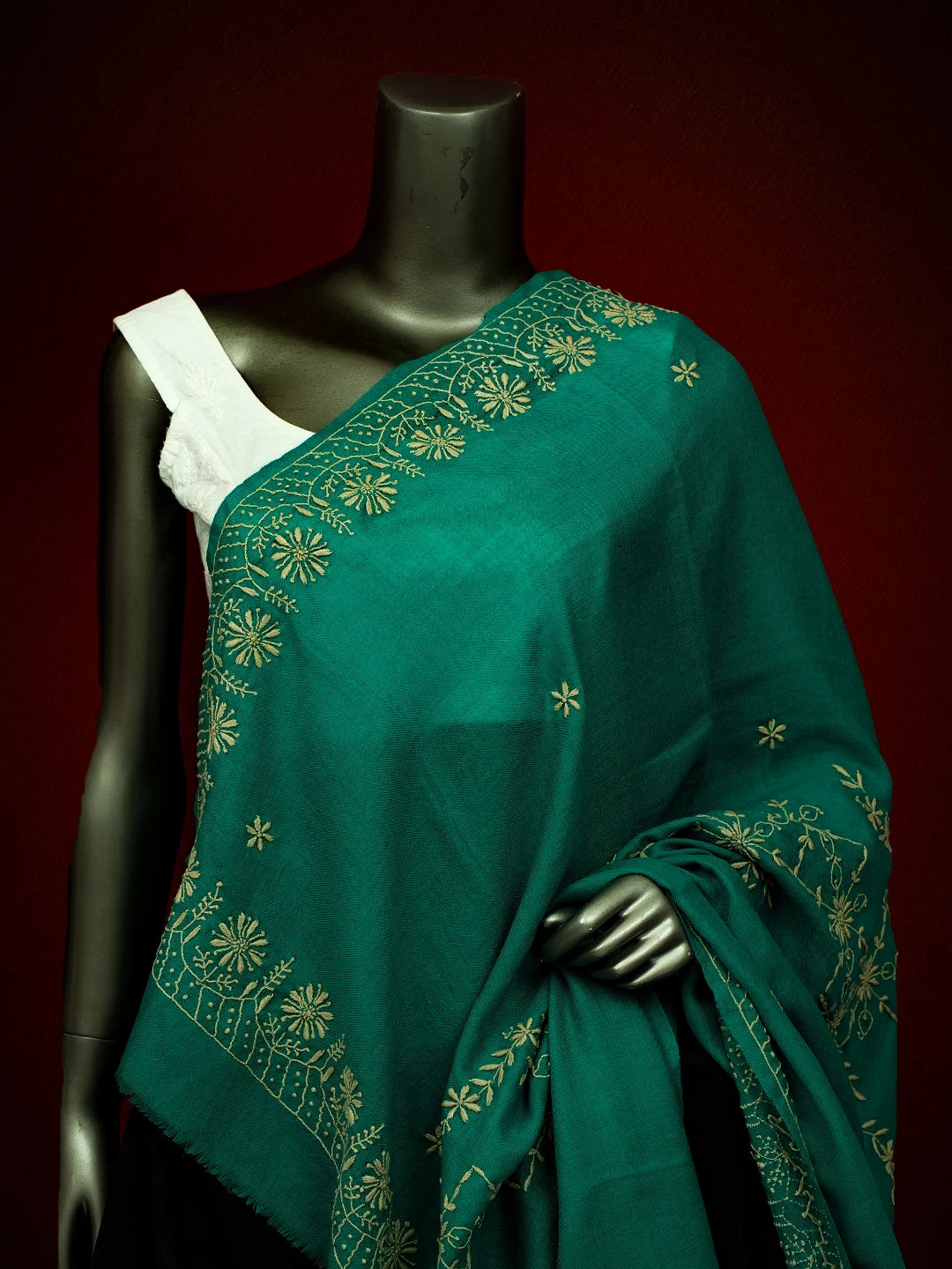 Ada Hand Embroidered Rama Green Pashmina Lucknowi Chikankari Chaar Taar Shawl 01A715874
