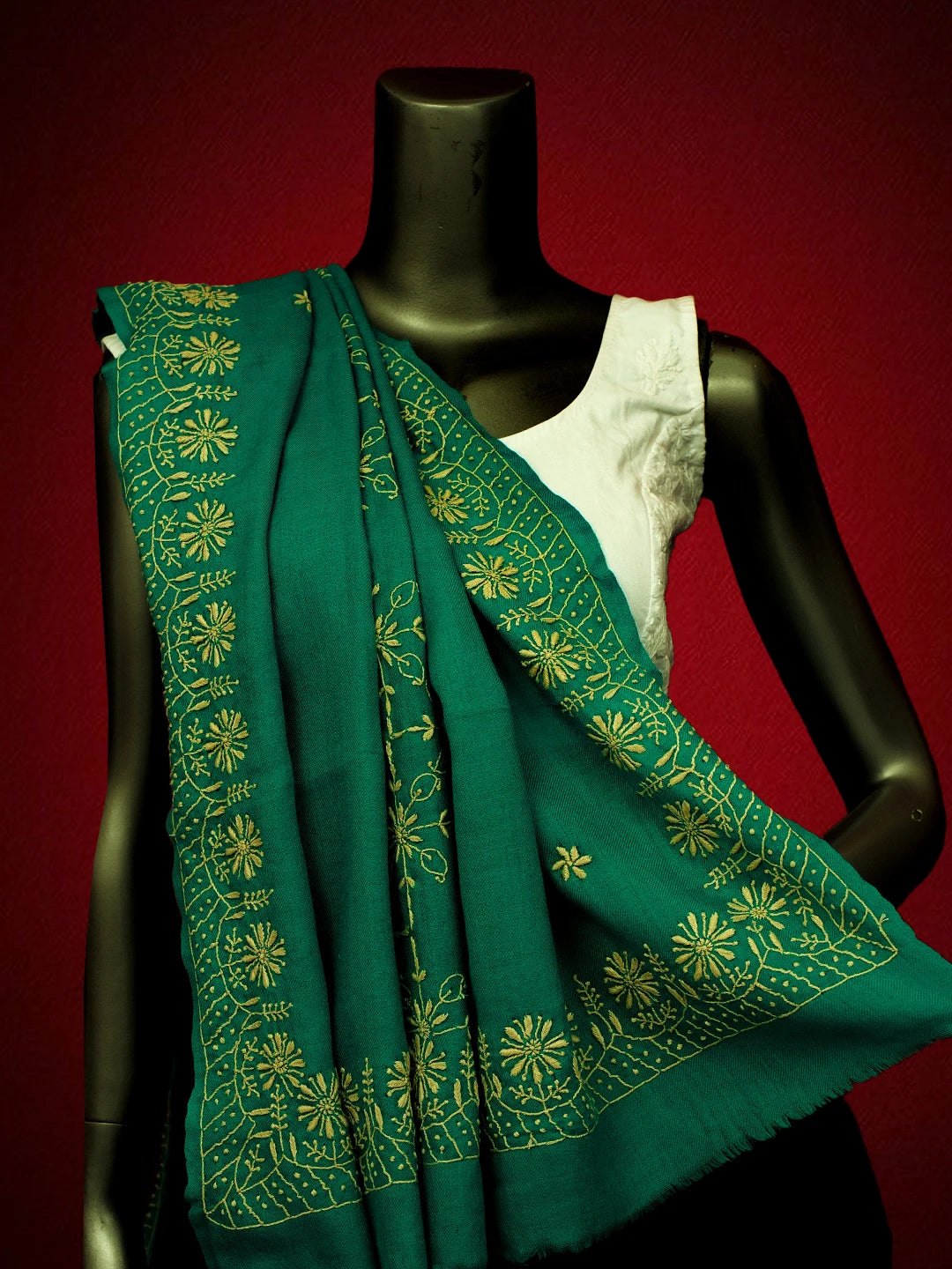 Ada Hand Embroidered Rama Green Pashmina Lucknowi Chikankari Chaar Taar Shawl 01A715874
