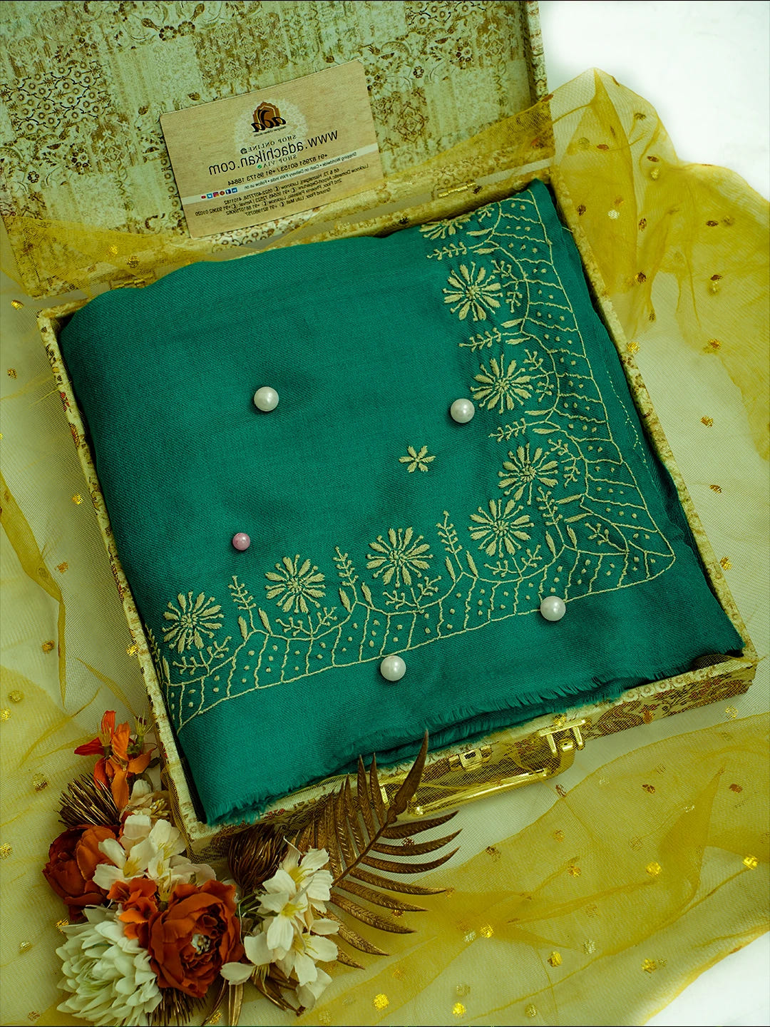 Ada Hand Embroidered Rama Green Pashmina Lucknowi Chikankari Chaar Taar Shawl 01A715874