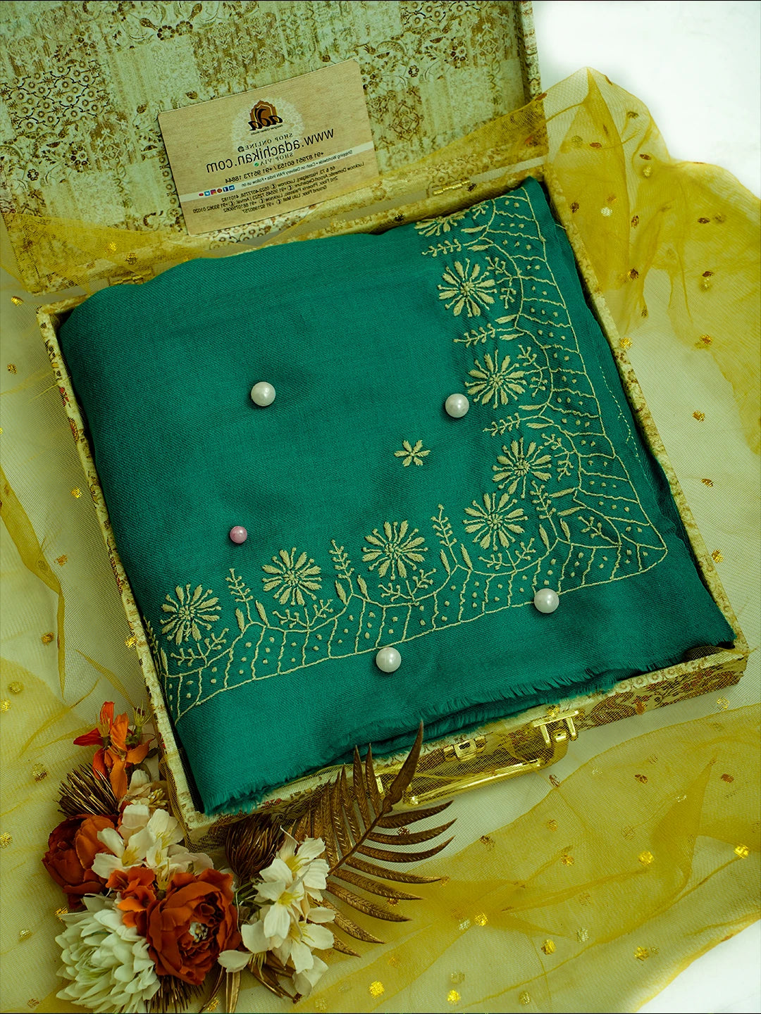 Ada Hand Embroidered Rama Green Pashmina Lucknowi Chikankari Chaar Taar Shawl 01A715874