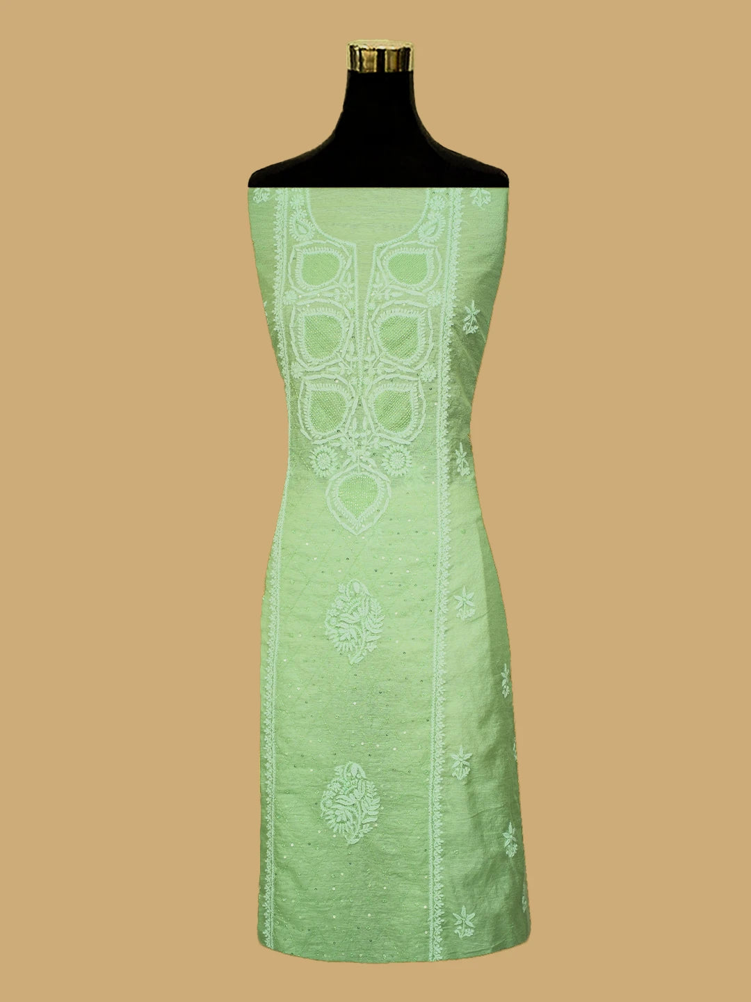 Ada Hand Embroidered Pista Green Chanderi Lucknowi Chikankari Unstitched Suit Piece With Cutdana Work 01A725387