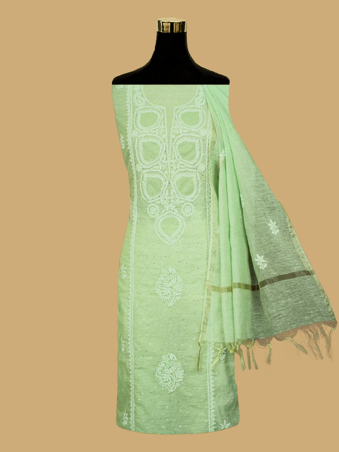 Ada Hand Embroidered Pista Green Chanderi Lucknowi Chikankari Unstitched Suit Piece With Cutdana Work 01A725387