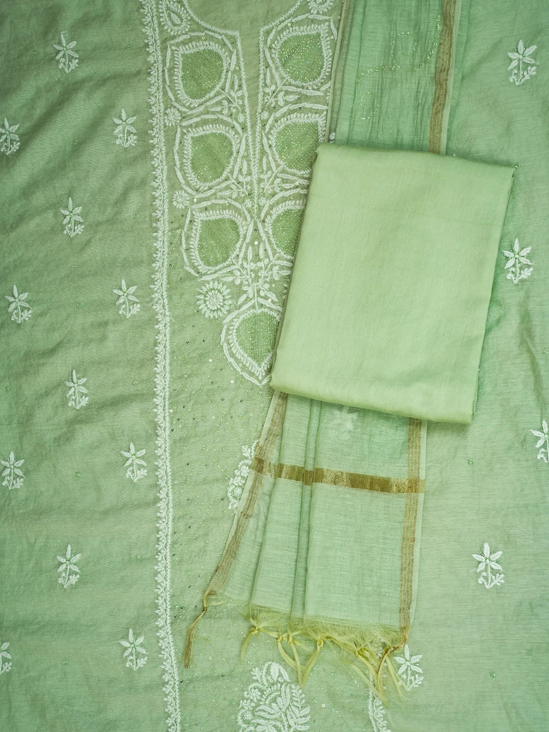Ada Hand Embroidered Pista Green Chanderi Lucknowi Chikankari Unstitched Suit Piece With Cutdana Work 01A725387