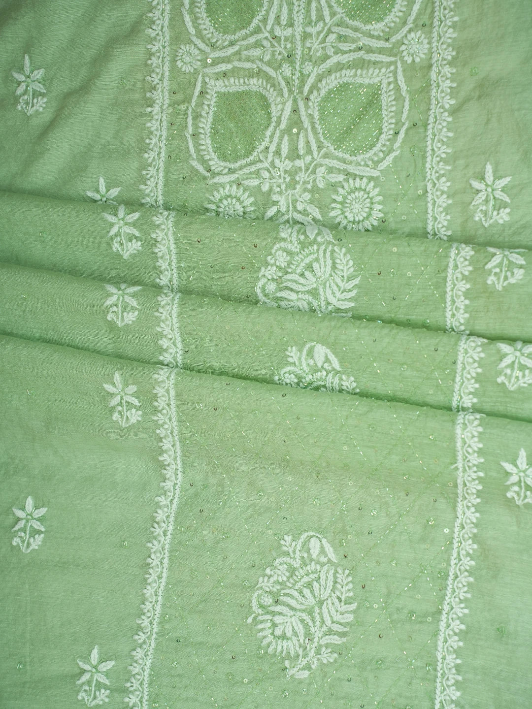 Ada Hand Embroidered Pista Green Chanderi Lucknowi Chikankari Unstitched Suit Piece With Cutdana Work 01A725387