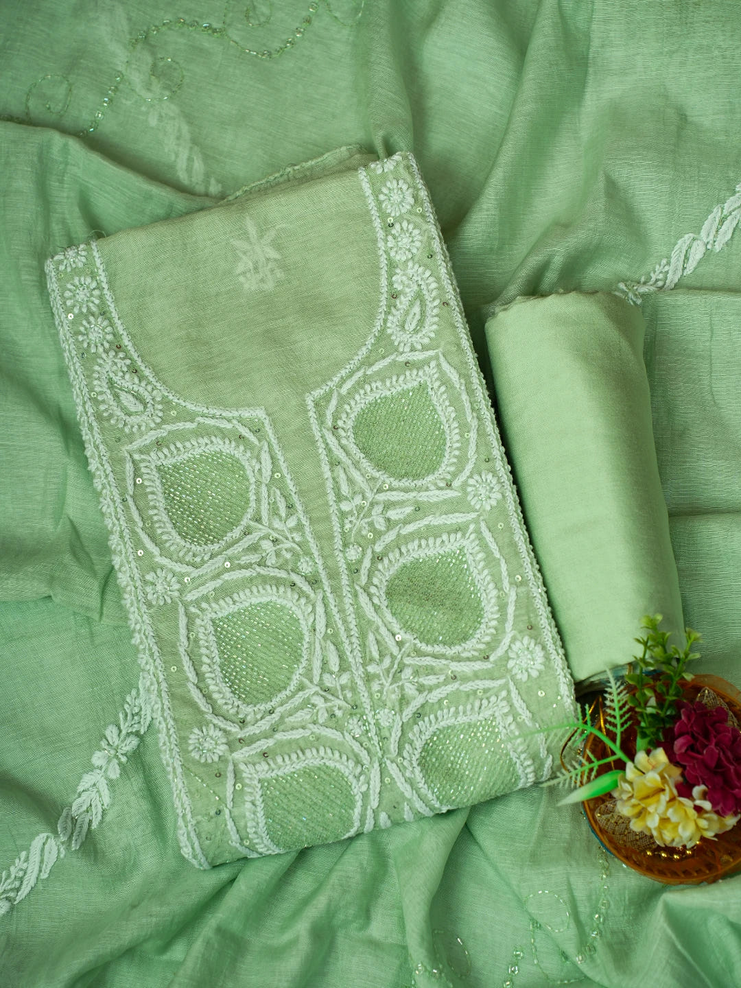 Ada Hand Embroidered Pista Green Chanderi Lucknowi Chikankari Unstitched Suit Piece With Cutdana Work 01A725387