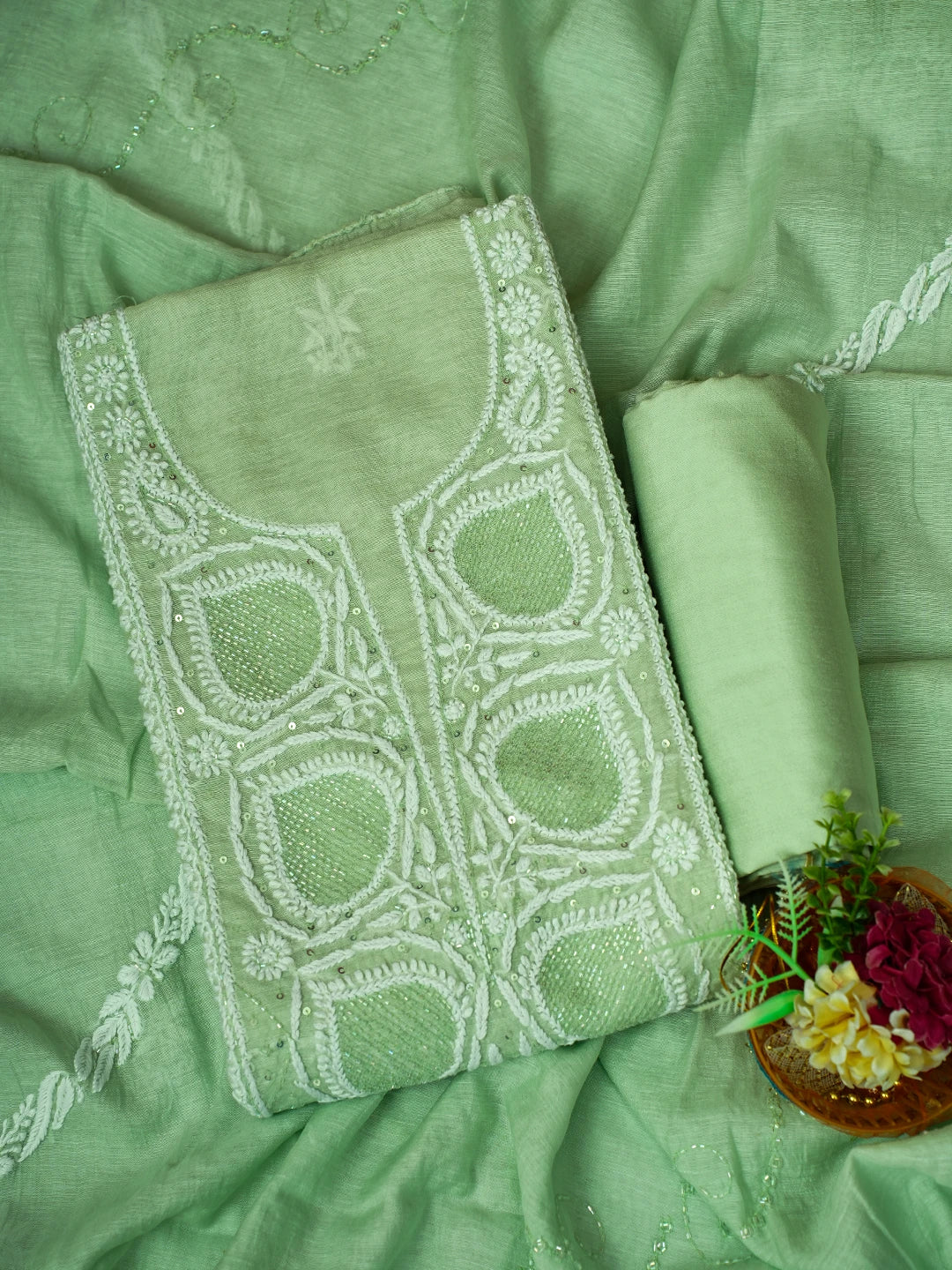Ada Hand Embroidered Pista Green Chanderi Lucknowi Chikankari Unstitched Suit Piece With Cutdana Work 01A725387