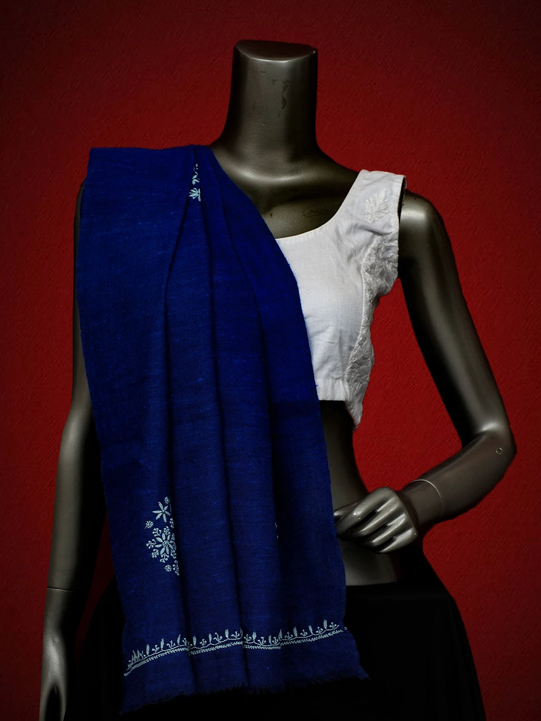 Ada Hand Embroidered Blue Pashmina Lucknowi Chikankari Teen Taar Shawl A248265