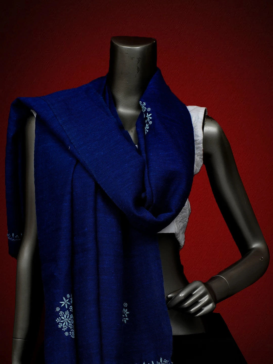 Ada Hand Embroidered Blue Pashmina Lucknowi Chikankari Teen Taar Shawl A248265