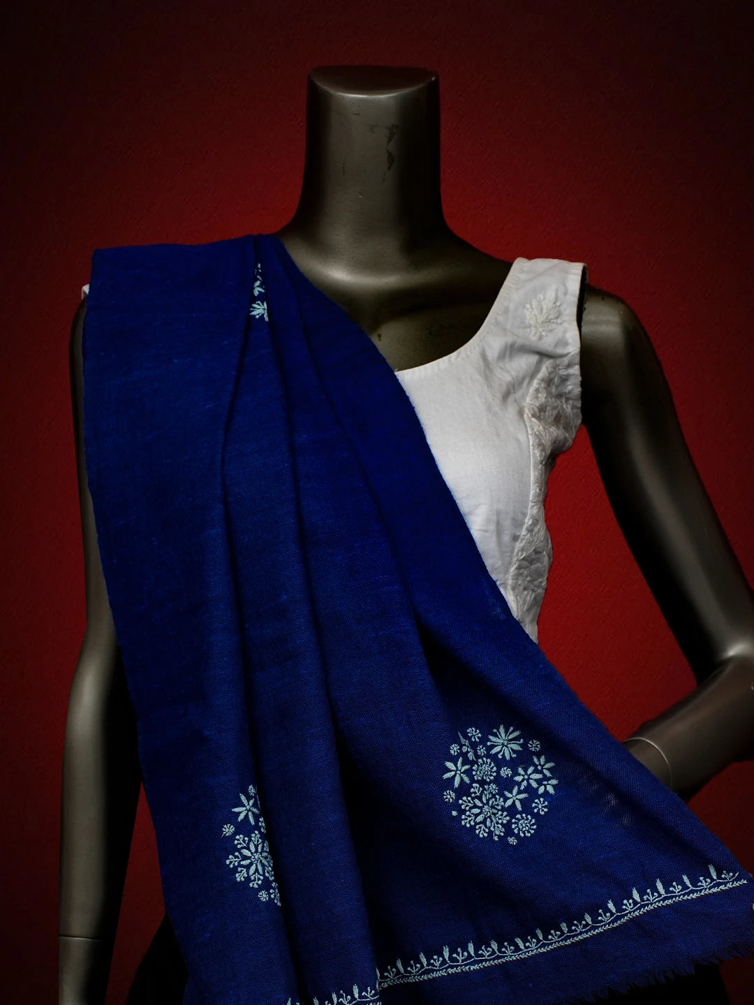 Ada Hand Embroidered Blue Pashmina Lucknowi Chikankari Teen Taar Shawl A248265