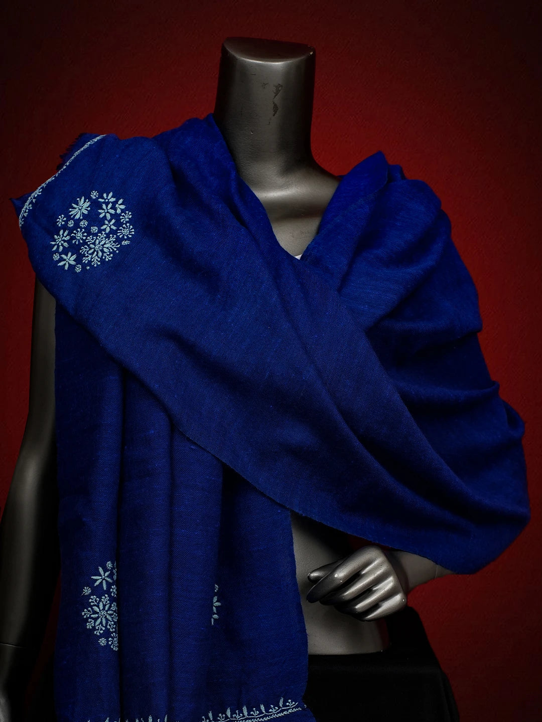 Ada Hand Embroidered Blue Pashmina Lucknowi Chikankari Teen Taar Shawl A248265