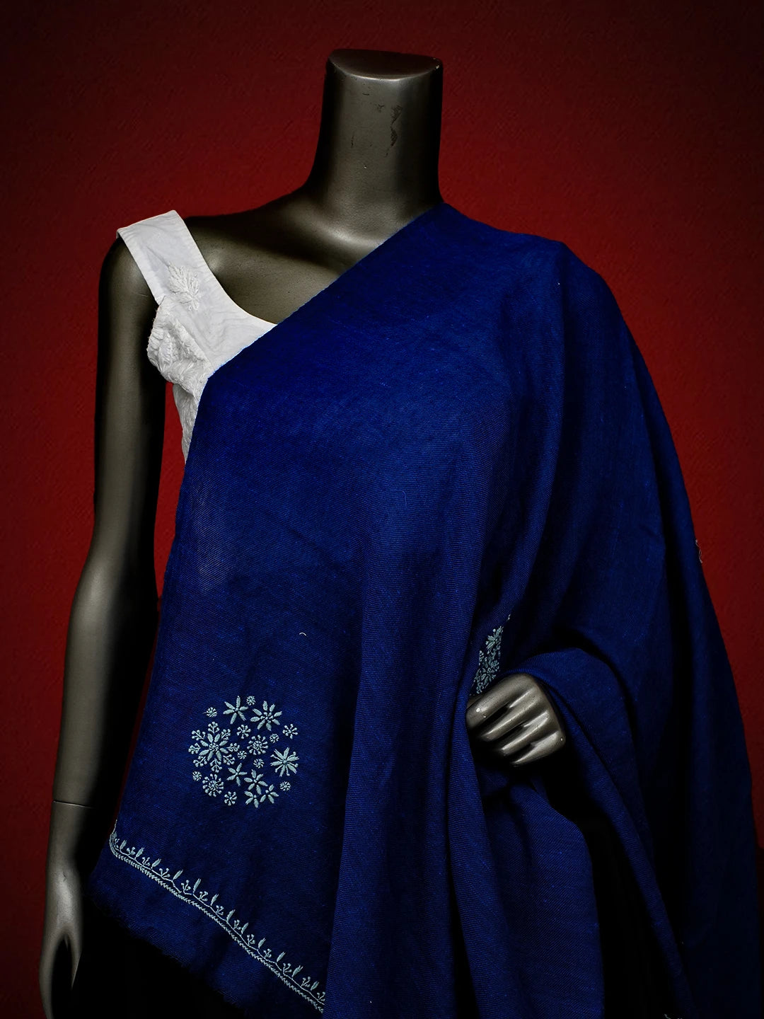 Ada Hand Embroidered Blue Pashmina Lucknowi Chikankari Teen Taar Shawl A248265