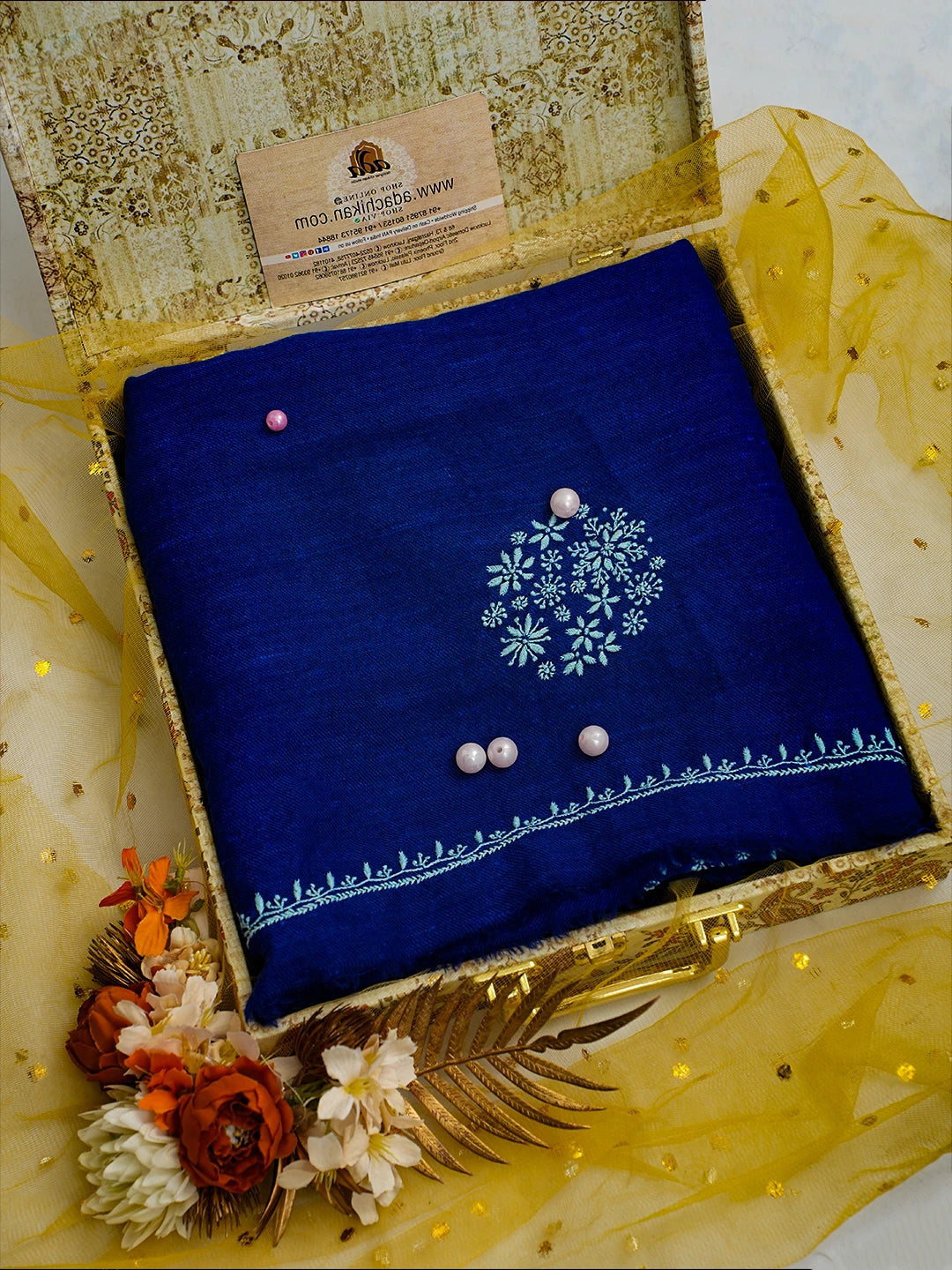 Ada Hand Embroidered Blue Pashmina Lucknowi Chikankari Teen Taar Shawl A248265