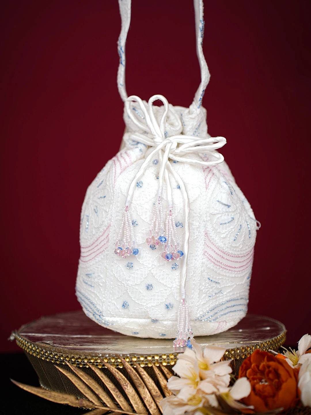Ada Hand Embroidered White Viscose Georgette Lucknowi Chikankari Potli Bag With Cutdana Work 01A681745