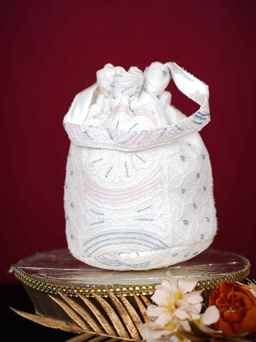 Ada Hand Embroidered White Viscose Georgette Lucknowi Chikankari Potli Bag With Cutdana Work 01A681745