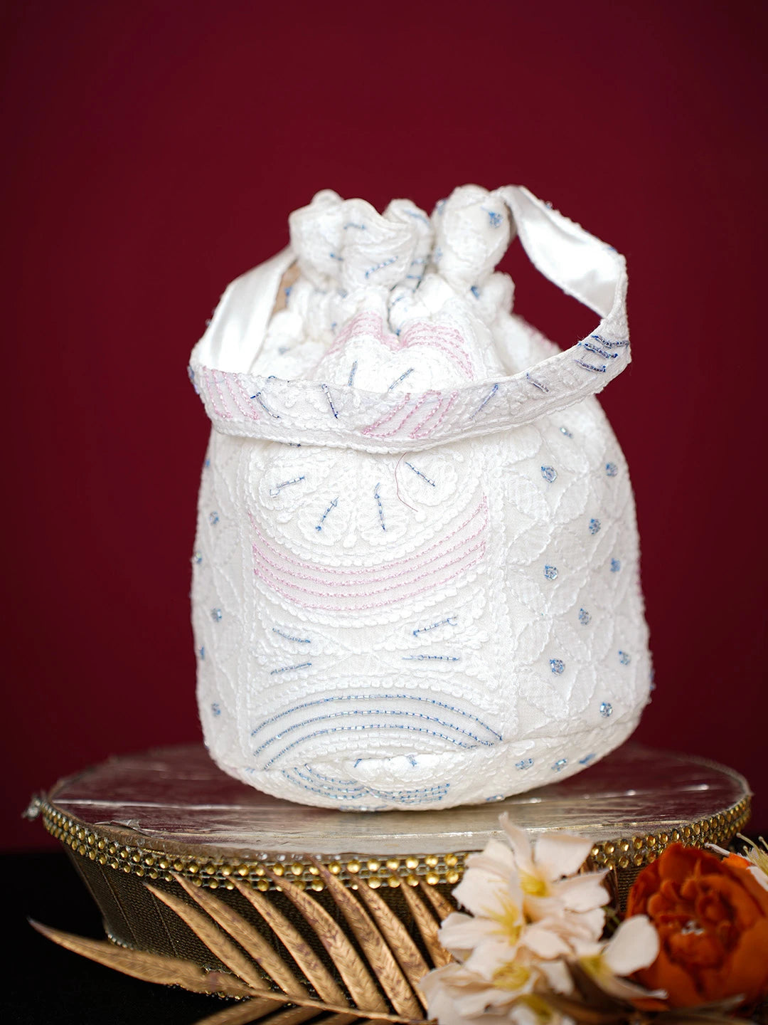 Ada Hand Embroidered White Viscose Georgette Lucknowi Chikankari Potli Bag With Cutdana Work 01A681745