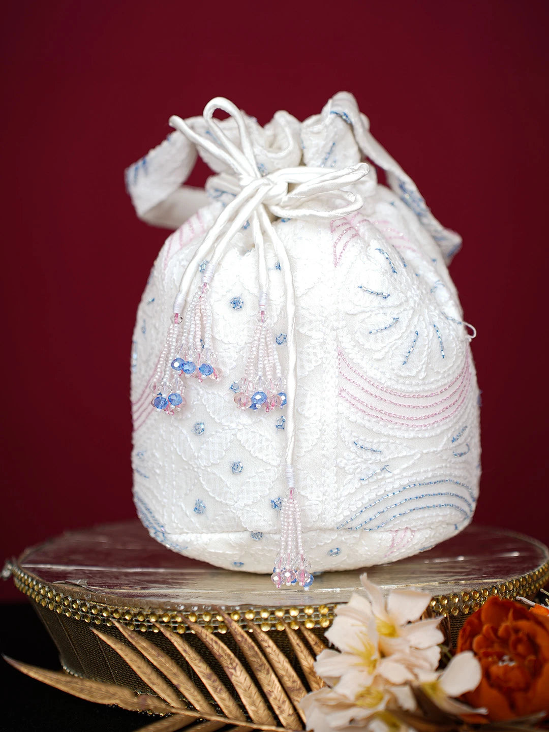 Ada Hand Embroidered White Viscose Georgette Lucknowi Chikankari Potli Bag With Cutdana Work 01A681745