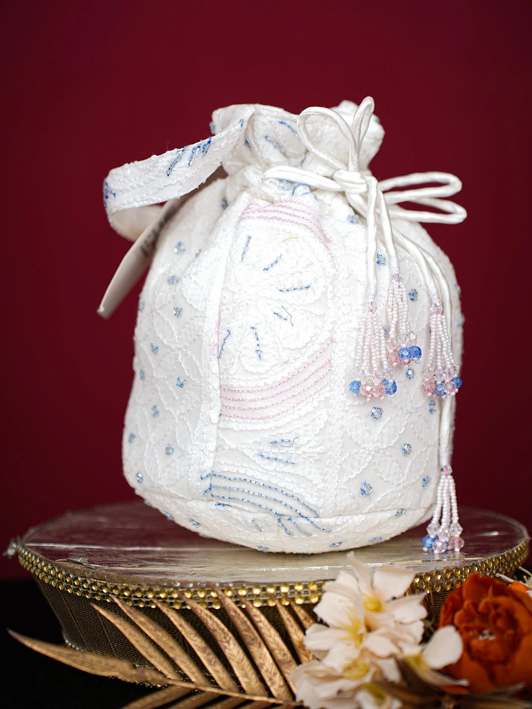 Ada Hand Embroidered White Viscose Georgette Lucknowi Chikankari Potli Bag With Cutdana Work 01A681745