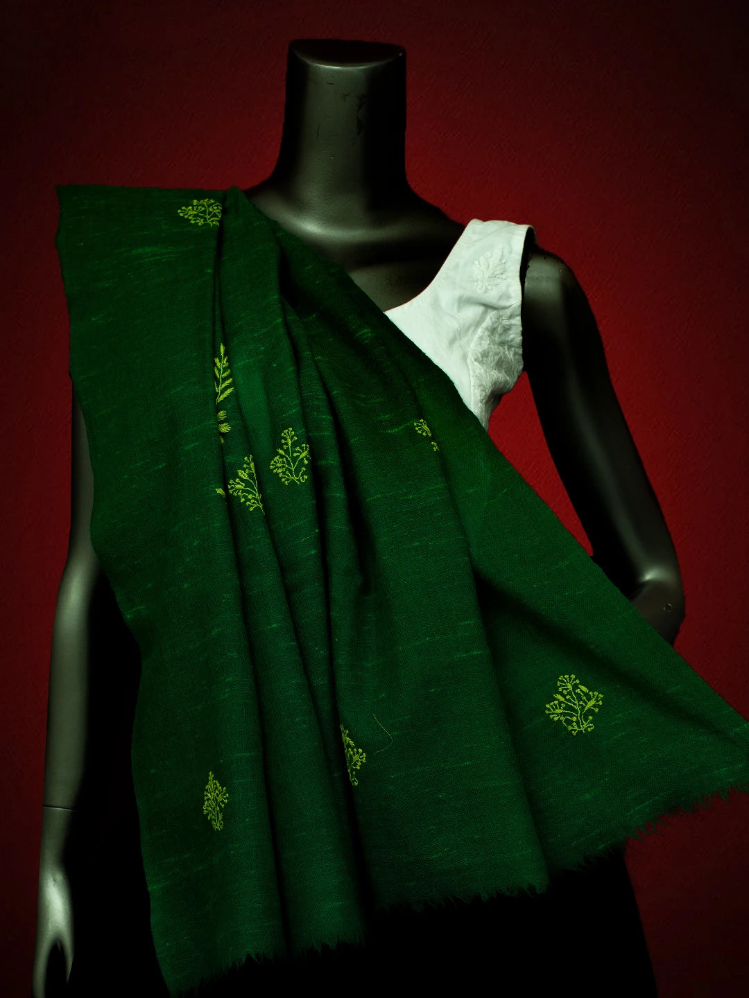 Ada Hand Embroidered Geen Pashmina Lucknowi Chikankari Teen Taar Shawl A2234503