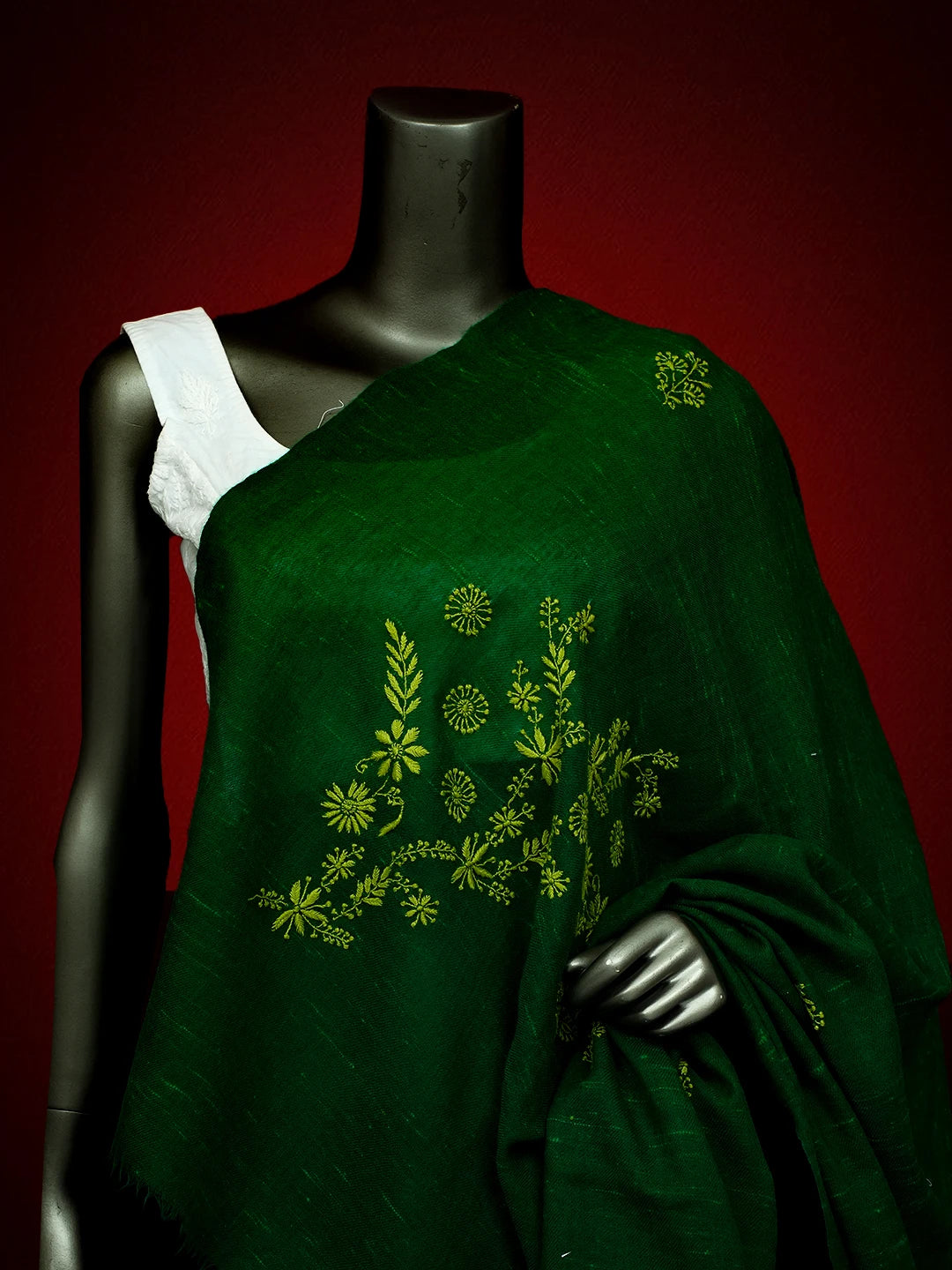 Ada Hand Embroidered Geen Pashmina Lucknowi Chikankari Teen Taar Shawl A2234503