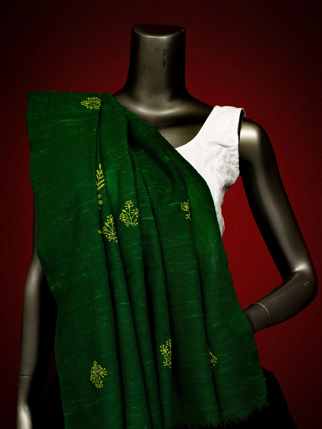 Ada Hand Embroidered Geen Pashmina Lucknowi Chikankari Teen Taar Shawl A2234503