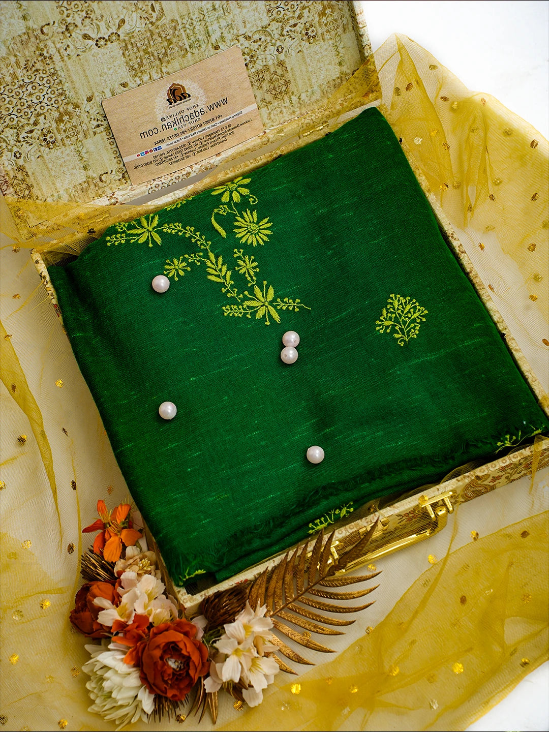 Ada Hand Embroidered Geen Pashmina Lucknowi Chikankari Teen Taar Shawl A2234503