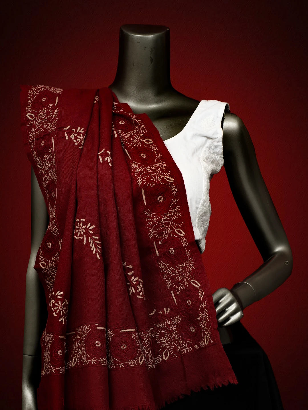 Ada Hand Embroidered Maroon Pashmina Lucknowi Chikankari Teen Taar Shawl 01A715877