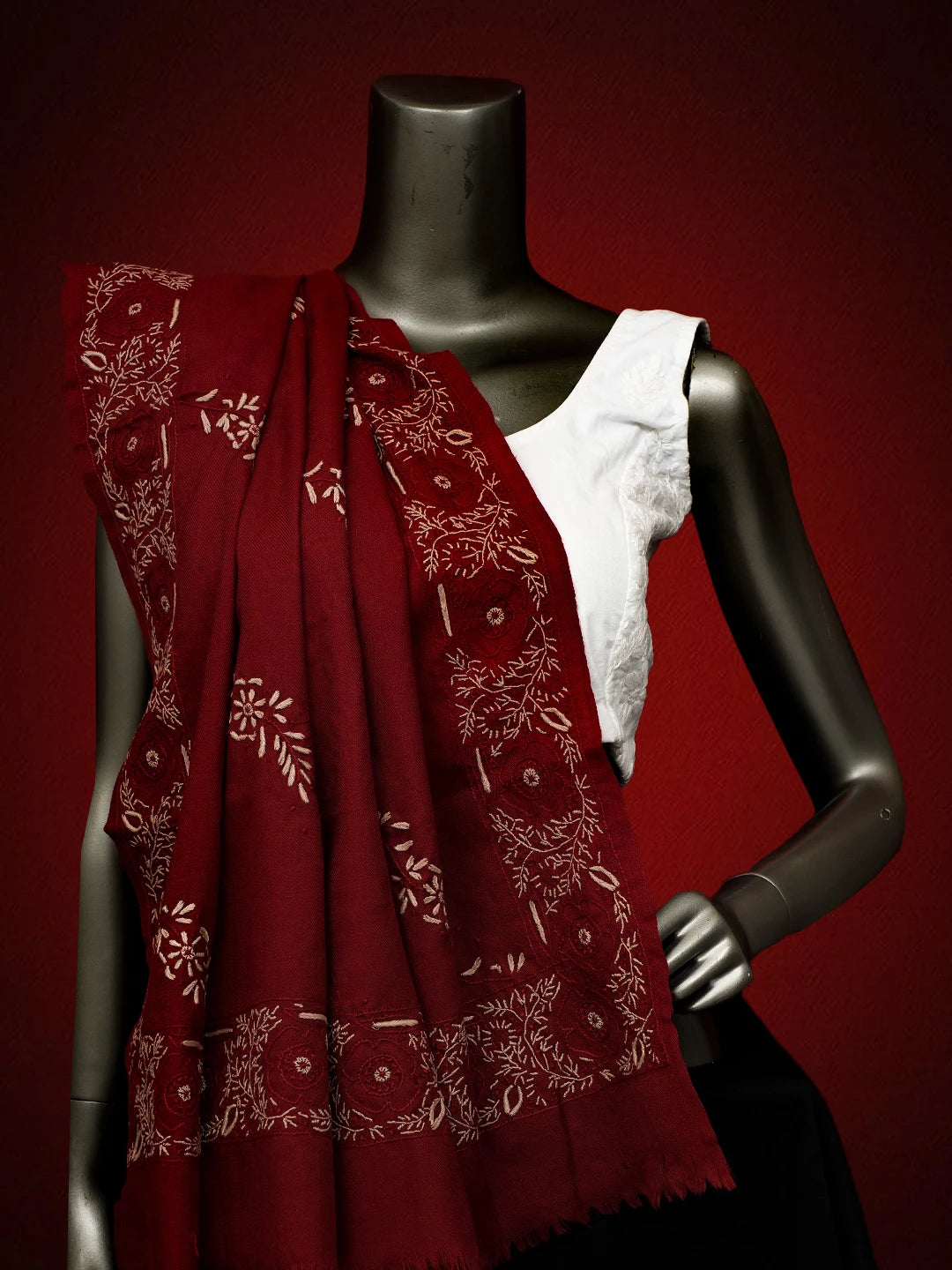 Ada Hand Embroidered Maroon Pashmina Lucknowi Chikankari Teen Taar Shawl 01A715877