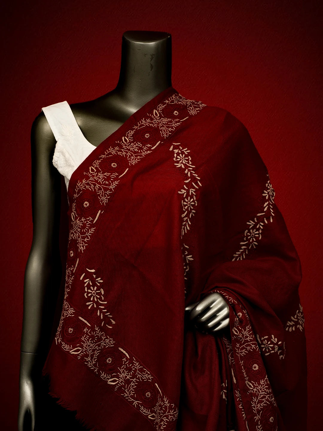 Ada Hand Embroidered Maroon Pashmina Lucknowi Chikankari Teen Taar Shawl 01A715877