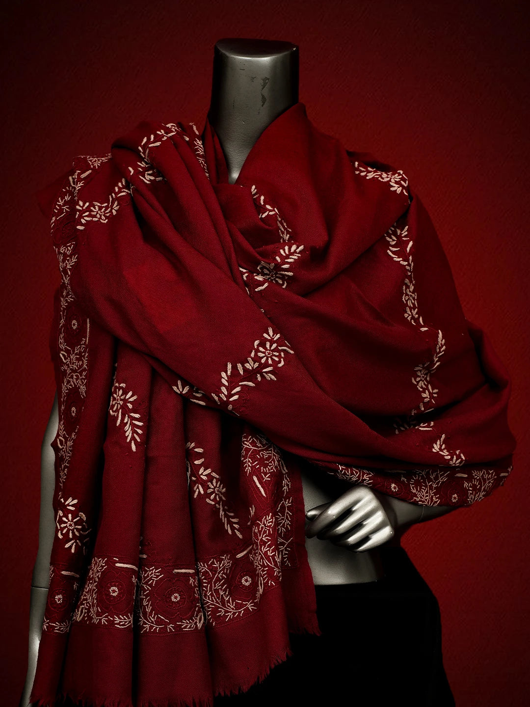 Ada Hand Embroidered Maroon Pashmina Lucknowi Chikankari Teen Taar Shawl 01A715877