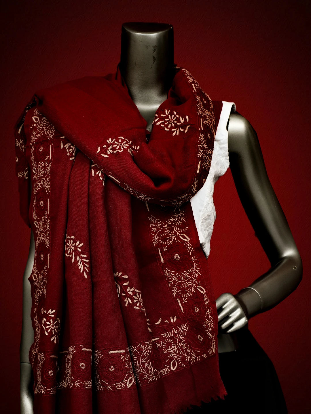 Ada Hand Embroidered Maroon Pashmina Lucknowi Chikankari Teen Taar Shawl 01A715877