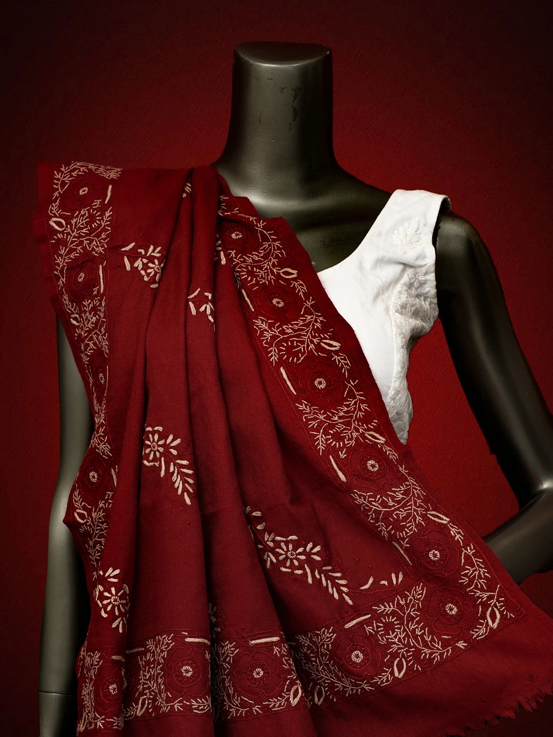 Ada Hand Embroidered Maroon Pashmina Lucknowi Chikankari Teen Taar Shawl 01A715877