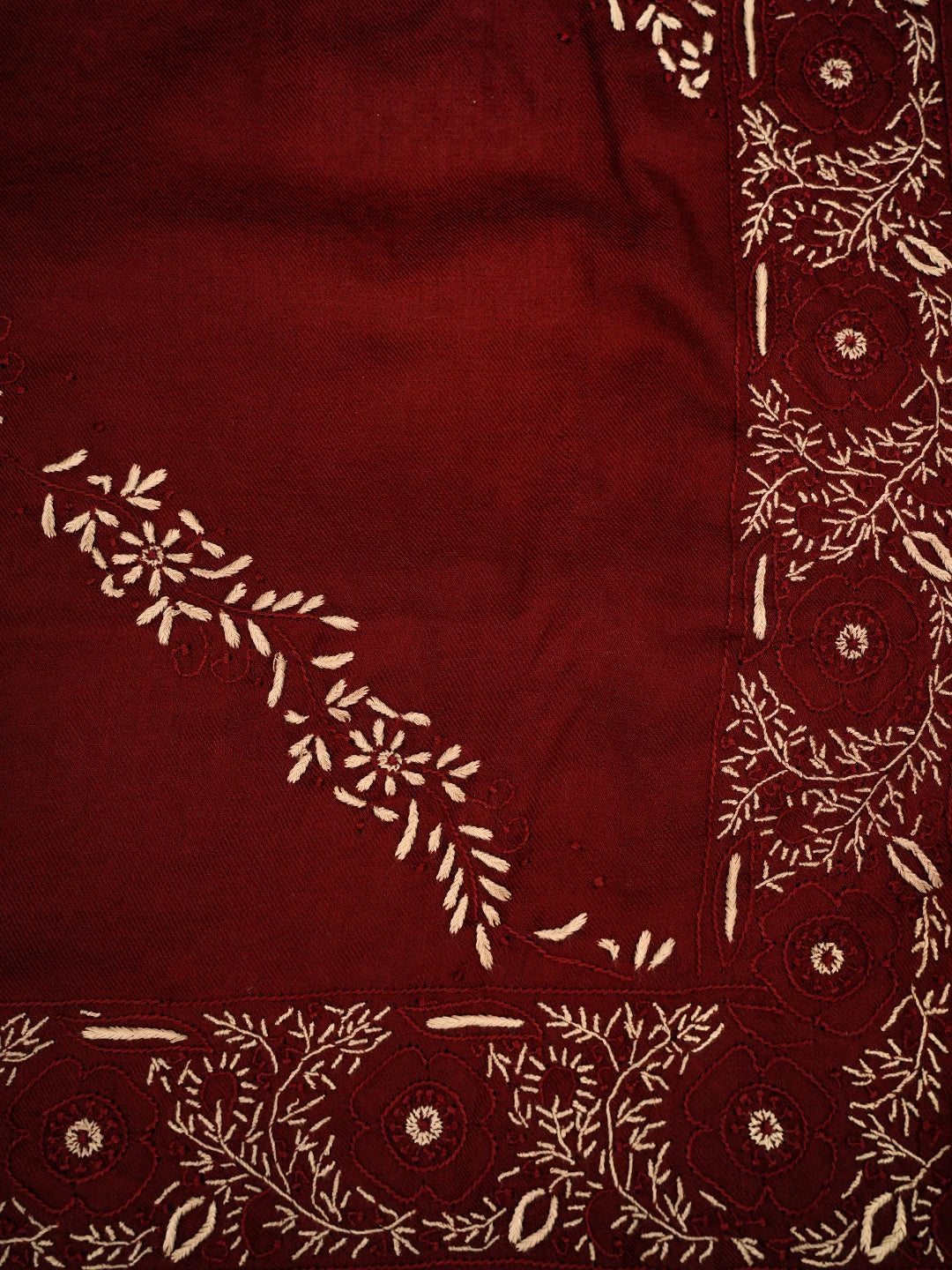 Ada Hand Embroidered Maroon Pashmina Lucknowi Chikankari Teen Taar Shawl 01A715877
