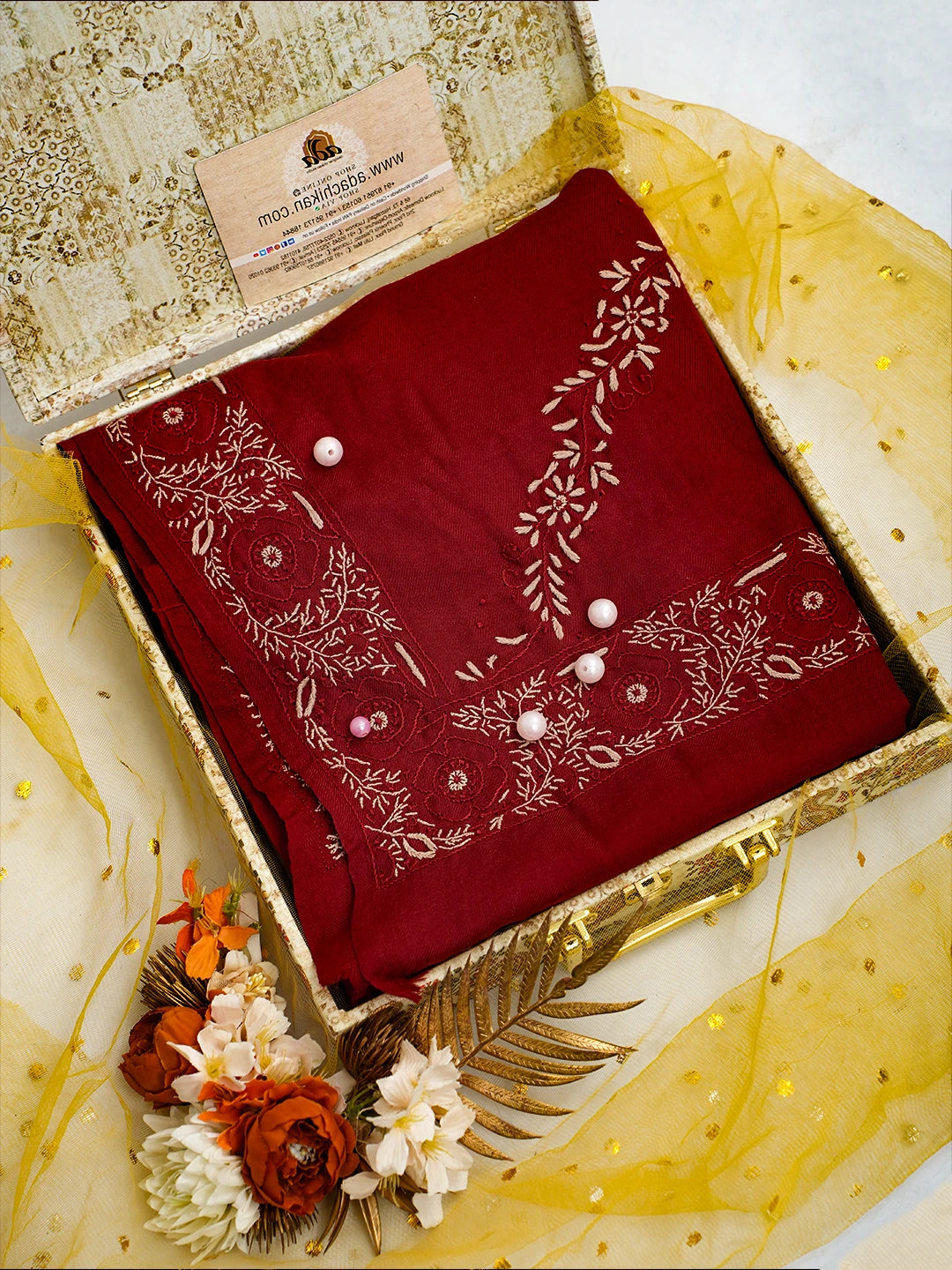 Ada Hand Embroidered Maroon Pashmina Lucknowi Chikankari Teen Taar Shawl 01A715877