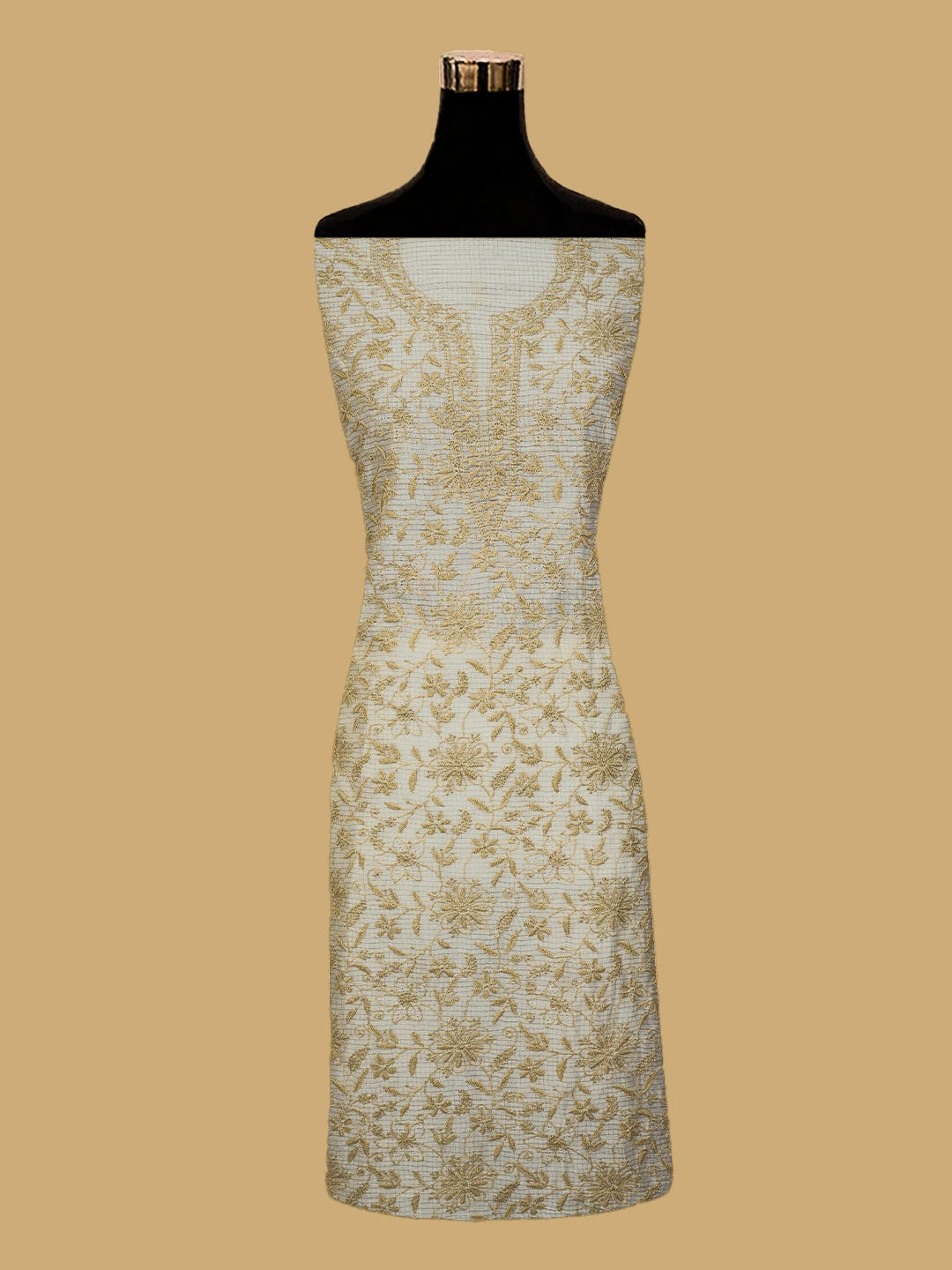 Ada Hand Embroidered Cream Chanderi Lucknowi Chikankari Unstitched Kurta Dupatta Set 01A712894