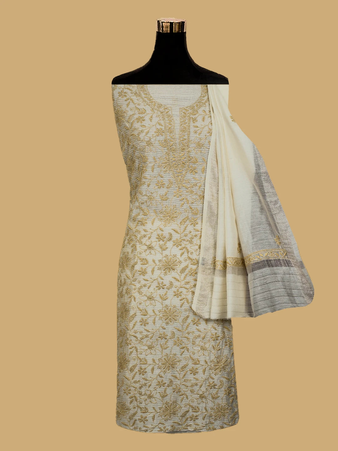 Ada Hand Embroidered Cream Chanderi Lucknowi Chikankari Unstitched Kurta Dupatta Set 01A712894