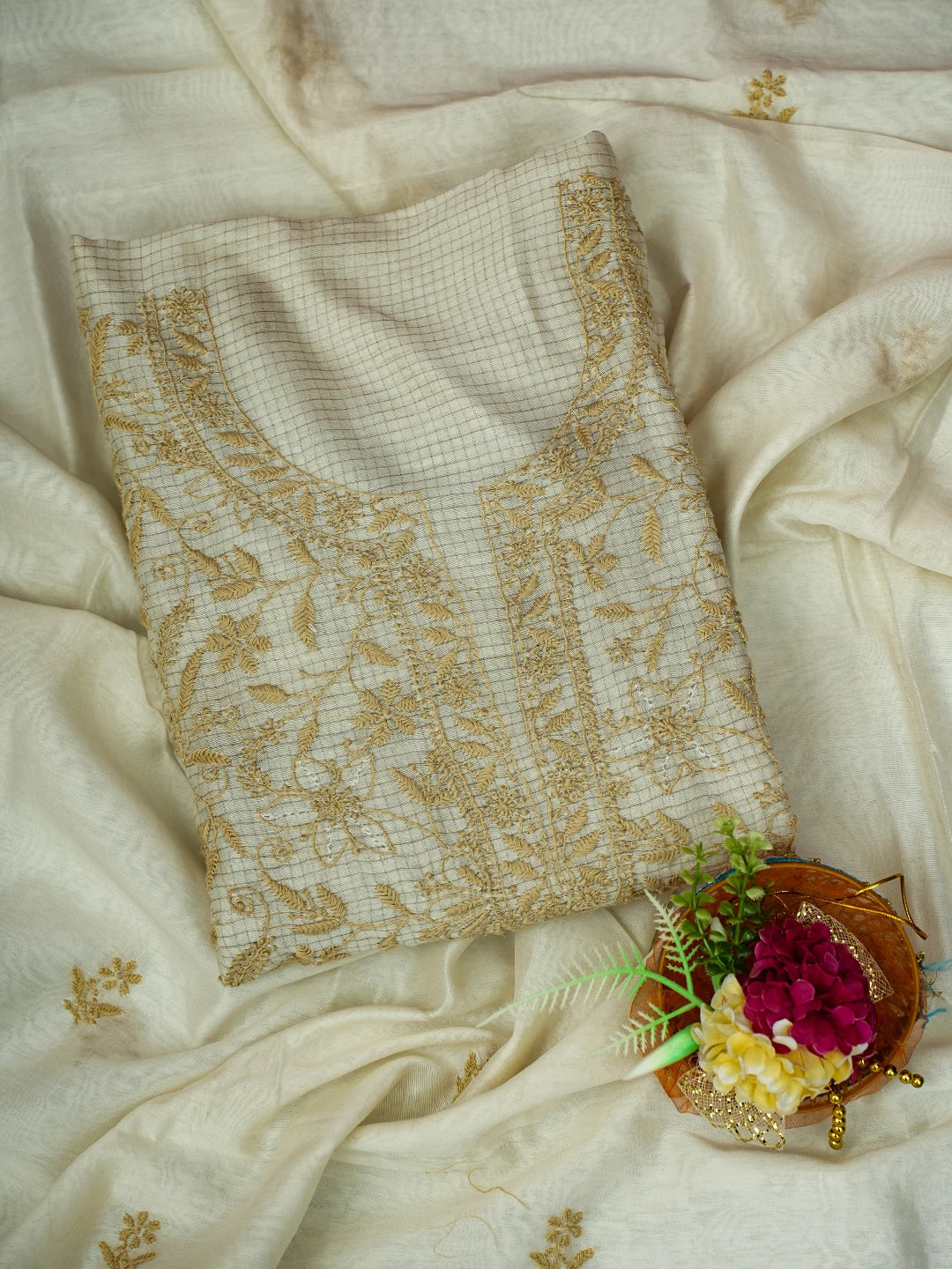 Ada Hand Embroidered Cream Chanderi Lucknowi Chikankari Unstitched Kurta Dupatta Set 01A712894