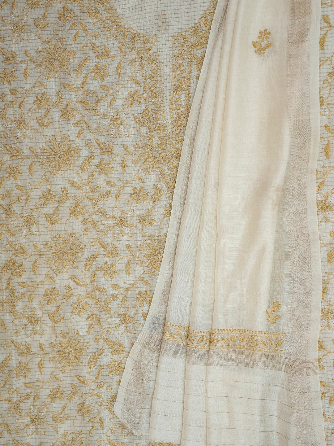 Ada Hand Embroidered Cream Chanderi Lucknowi Chikankari Unstitched Kurta Dupatta Set 01A712894