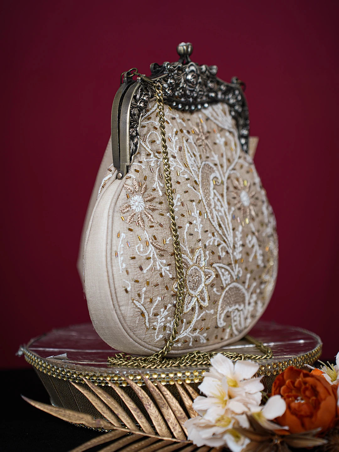 Ada Hand Embroidered Fawn Silk Lucknowi Chikankari Clutch With Zari Work 01A725958
