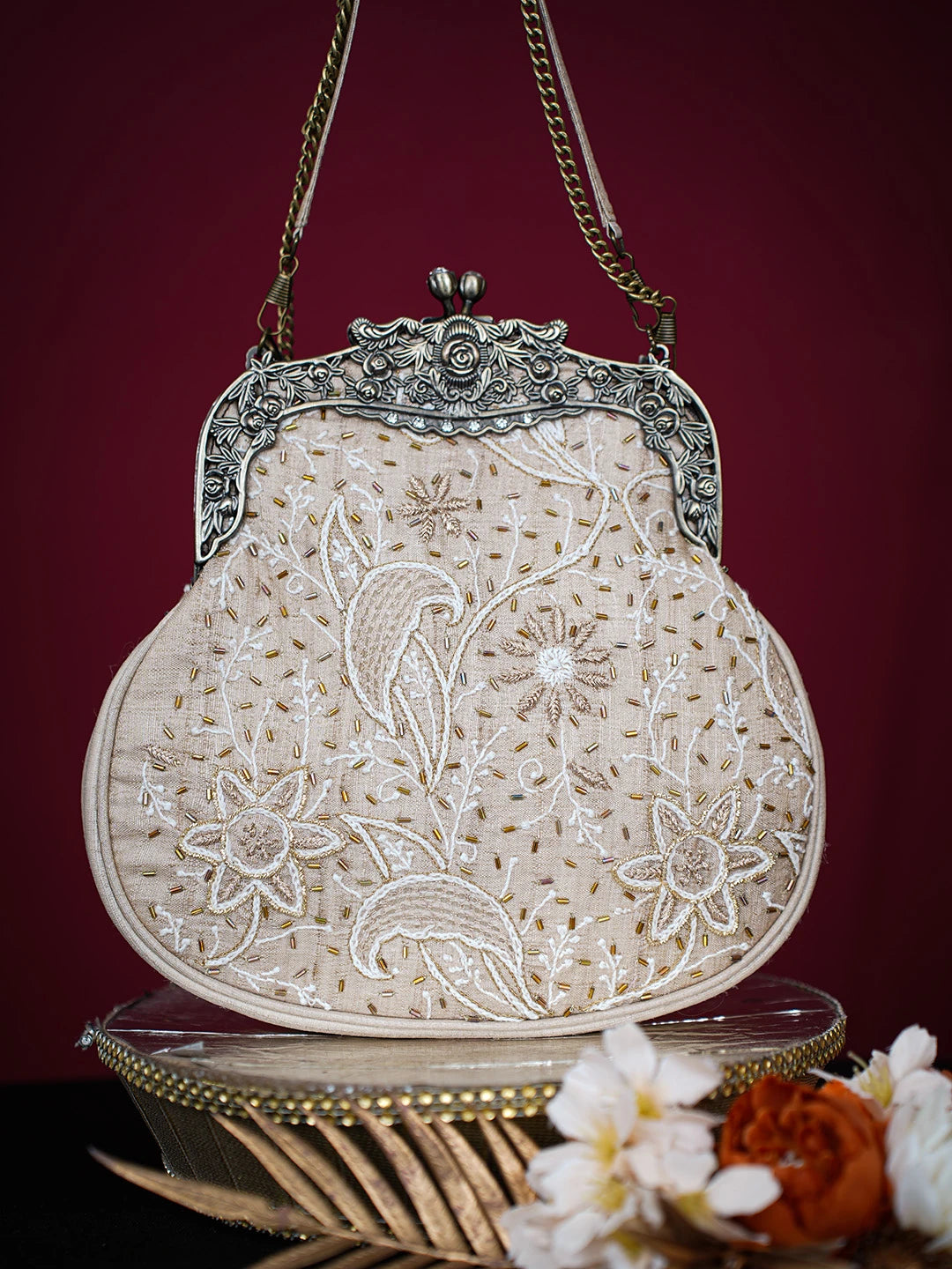 Ada Hand Embroidered Fawn Silk Lucknowi Chikankari Clutch With Zari Work 01A725958