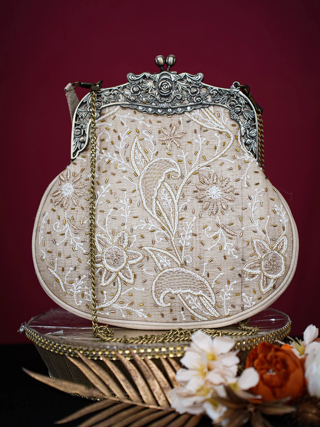 Ada Hand Embroidered Fawn Silk Lucknowi Chikankari Clutch With Zari Work 01A725958