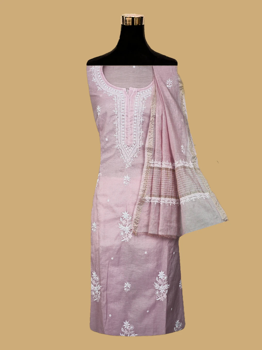 Ada Hand Embroidered Dusty Pink Chanderi Lucknowi Chikankari Semi stitched Kurta Dupatta Set 01A725761