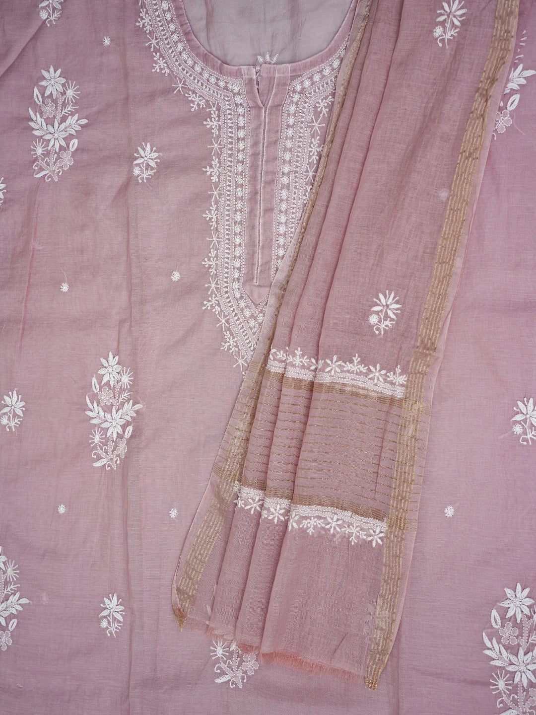 Ada Hand Embroidered Dusty Pink Chanderi Lucknowi Chikankari Semi stitched Kurta Dupatta Set 01A725761