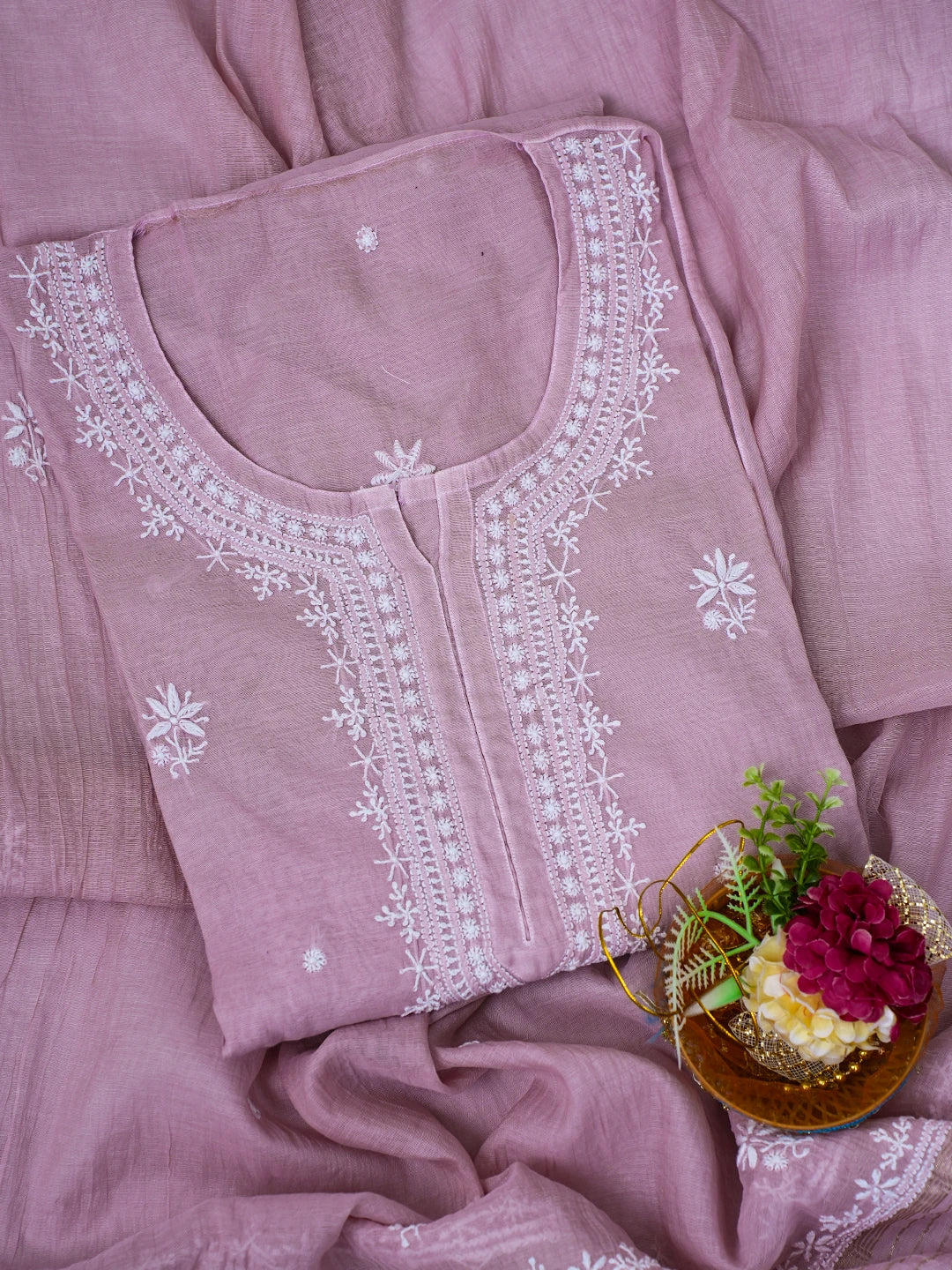 Ada Hand Embroidered Dusty Pink Chanderi Lucknowi Chikankari Semi stitched Kurta Dupatta Set 01A725761