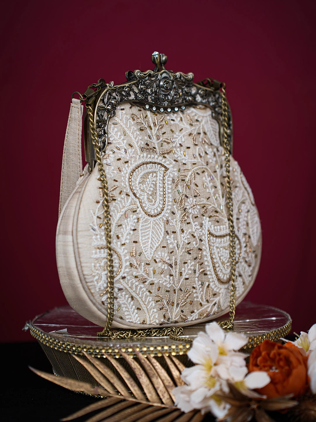 Ada Hand Embroidered Fawn Silk Lucknowi Chikankari Clutch With Zari Work 01A725965