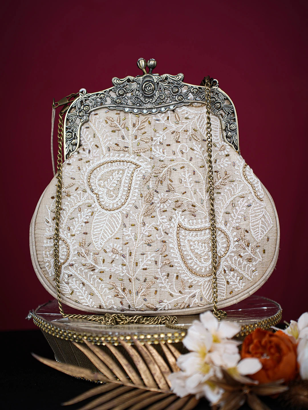 Ada Hand Embroidered Fawn Silk Lucknowi Chikankari Clutch With Zari Work 01A725965
