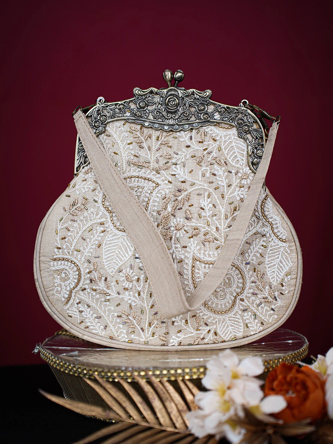 Ada Hand Embroidered Fawn Silk Lucknowi Chikankari Clutch With Zari Work 01A725965